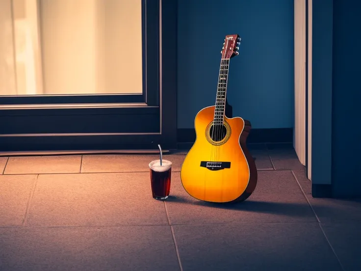 An acoustic guitar in a corner next to an alcoholic drink at night