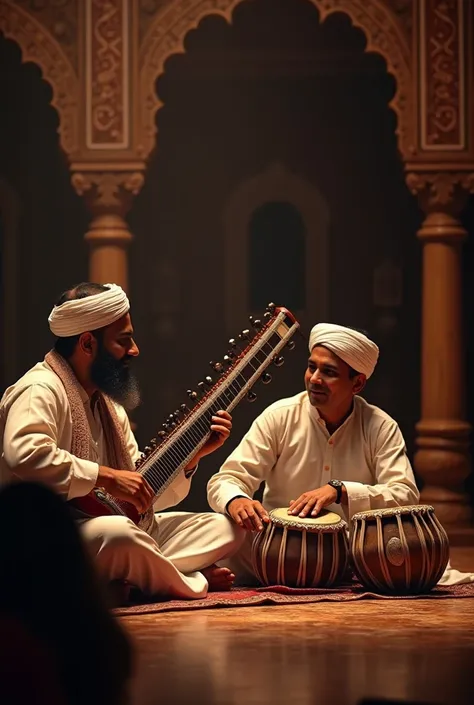 Generate a venue where ustads are playing sitar and tabala . The picture should be in 16:9 ratio 