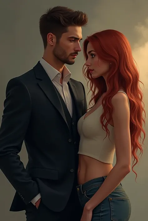 I want a book cover ... a male young man aroung 30yrs looking coldhearted and on suits .. and female lead looking like a model with red long hair and on small top with her jean trousers by his side  ... make it look like real human full complete  image