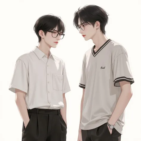 2 Characters, a 20-year-old man wearing glasses, Korean-style black hair, dark brown sharp eyes, wearing a Thai school dress, a white short-sleeved shirt, and sweet black heeled trousers.
The other, with vintage black hair, dark brown sharp eyes, taller bo...