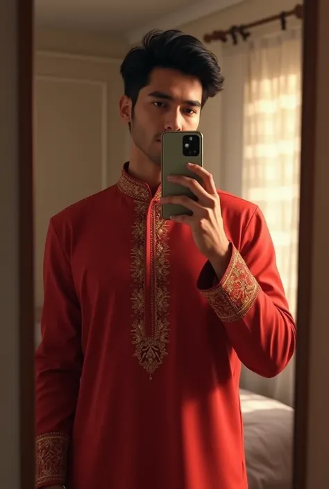 A realistic digital illustration of a young man wearing a traditional red Panjabi with intricate embroidery details, holding an iPhone in front of his face as he takes a mirror selfie. His black hair is neatly styled, and he is standing in a bedroom settin...