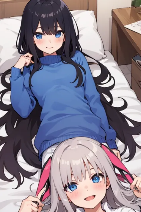 3girls, lie on back, on bed, from above
BREAK
silver hair, long hair, pink sweater, smile, happy,
BREAK
black hair, long hair, blue sweater, shy, blush,