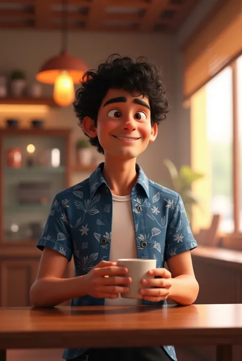 Tschai, 30, Male, Curly hair, Black, Smiling, Blue patterned home shirt, Black shorts, Holding a coffee cup, Coffee shop with warm lighting, 3D Pixar Animation Style.