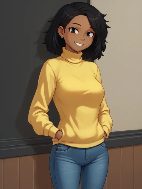 score_9, score_8_up, score_7_up,  score_6_up, BREAK, 0al3r1e, 1girl, solo, smile, black hair, black eyes, medium breasts, dark-skinned female, dark skin, earrings, mole under eye, yellow sweater, turtleneck, jeans, hands in pocket, looking at viewer, smile...