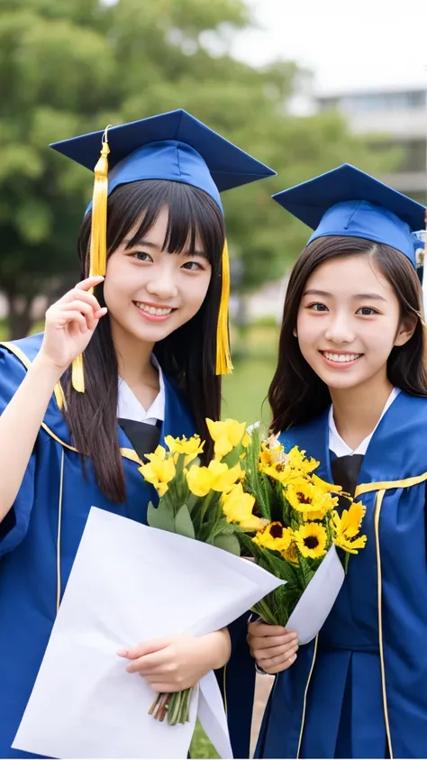   looking at a 、 high school students、 two girls、Japanese graduation ceremony  、bouquet、smile、tears、 and {x} with colored paper