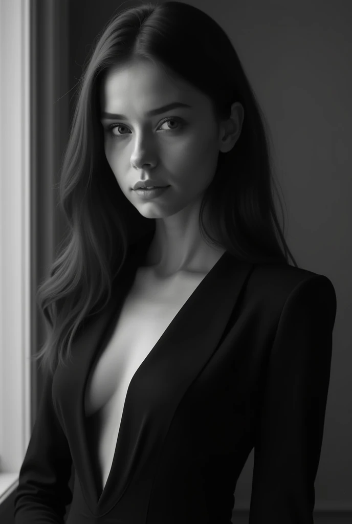  girl,  black dress, beautiful cutout ,  Long hair,  straight hair ,  average build, not so thin ,   photorealism,  details,  brunette , studio,  chair light ,  high resolution,  masterpiece,  Realistic anatomy , Точность,  best quality,  In detail, Высока...