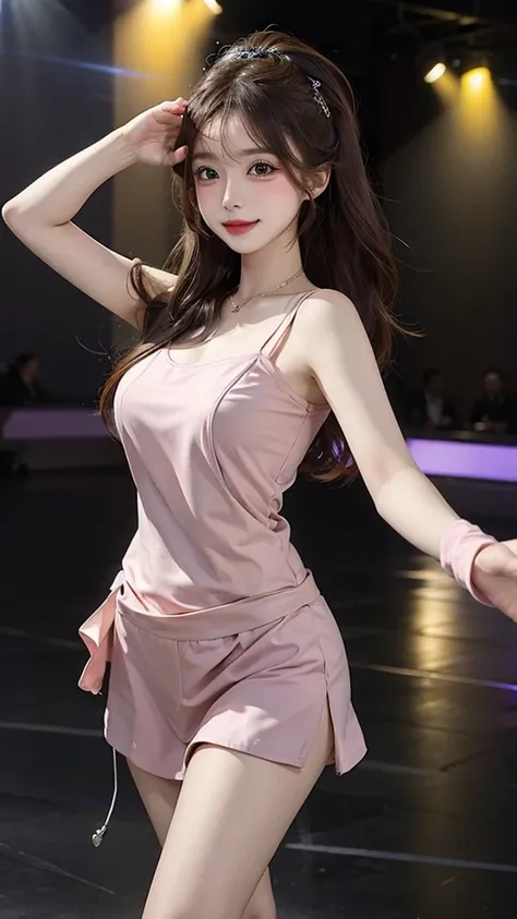 A beautiful woman dances happily,  looking at camera