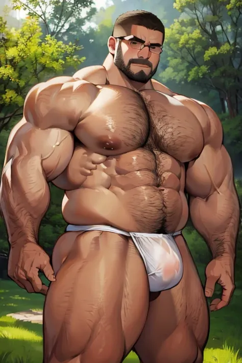 chubby musclebear man, Japanese, (7 daddy:1.1), 1 man, Solo, (wearing a white japanese fundoshi), (big shoulders), musculature, strong physique, hairy, chubby and stout, stubbles, (Detailed body), realistic eyes, glasses, deadpan, looking at viewer, deadpa...