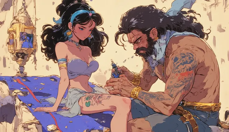 Anime-style illustration of Princess Jasmine from Aladdin, reimagined as a modern tattooed warrior. She is sitting gracefully on a floating magic carpet while getting a tattoo on her thigh by a rugged, tattooed artist. Jasmine has long flowing black hair, ...