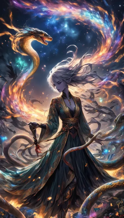 Dark Elves Control the Aesthetic Galaxy,  Cosmos gather and are reminiscent of beautiful snakes , Make the image of a serpent with no substance ,  Art depicting galactic regeneration with the theme of revival, BREAK Please make the image of a serpent witho...