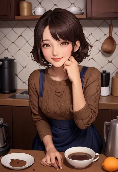    coffee maker、 brewing coffee in the kitchen、   dress   、      table top bed     ,       top quality , shape,       very detailed , finely,       high resolution,      8k wallpaper,    perfect dynamic shape ,       beautifully detailed eyes     ,       N...