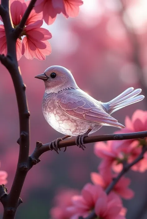 Teansfrested glass sparrow bird sitting in the back of a pink tree 