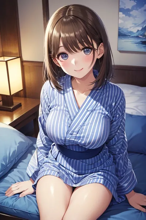 anegasaki nene, shiny chestnut hair, (brown pretty eyes, sparkling eyes, fine eyes), smiling face, super detailed eyes, highly detailed face, highly detailed eyes, (masterpiece:1.2, best quality), 1 girl, cowboy shot, 


 ,(  blue and white striped yukata ...