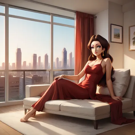 score_9, score_8_up, score_7_up, score_6_up, score_5_up, score_4_up, zPDXL2,source_anime,rating_questionable, 1girl, lounging, couch, long hair, smile, looking away,  daytime 4partment, indoors, window, scenery, cityscape Pauline, Earrings, makeup, long br...