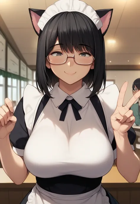 score_7_up,score_6_up, focus on female,  t0r4j1r0u, blush, black hair, glasses, curvy, mature, medium hair, large breasts, silly smile, maid dress, upper body, v, indoors, cafe, cat ears, 