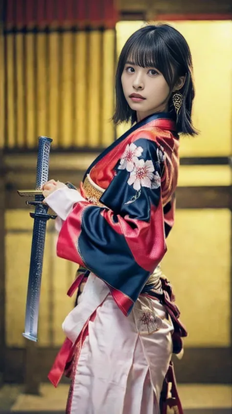 A melancholic expression of the phrase ,  Female Fitness Model's Body ,  hard tone feminine body, (muscles: 1.2), ( Beautiful belly button ),
break,
Fighter, カンフーFighter,  idol,
break,
(Wear a cute kimono: 1.3), ( Highly Exposing Kimonos ), ( stiletto heel...