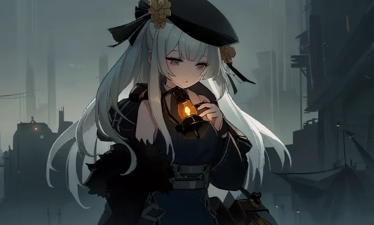 Long white hair，Wearing a black hat，Anime girl with kerosene lamp in hand , from Girls Frontline, from  Tomorrow's Ark, Gu Weiss, Fleet Collection Style, artwork in the style of Gu Weiss, Girls Frontline style,  fine details. Girls Frontline, Girls Frontli...