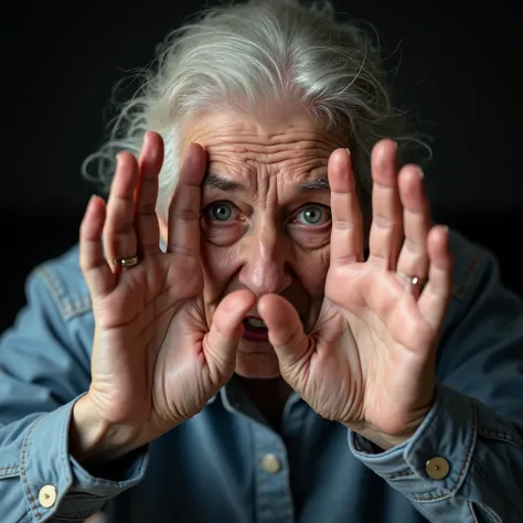  Professional photo of an elderly person wearing casual clothes, hands in front of the face,  open hands and palms facing forward ,  with her face partially covered , in an act of protection , Head slightly lowered,  as if protecting yourself from physical...