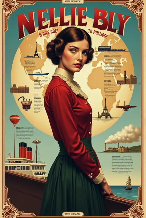 Create a poster for me on the theme of Around the World in 72 Days by Nellie Bly