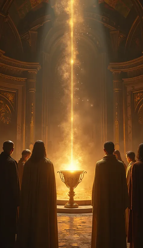 Now generate a very cool image of some people looking at the relic of the Holy Grail and seeing the divinity that it has. Put just 7 people in the scene 