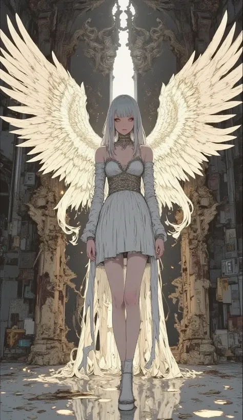 ,   rough stroke animation   , Ancient, Collapsing ruins ,   The huge altar is majestic  ,    In a dimly lit room   .  Wedding Dress ,   a goddess with magnificent wings appears  ,   Her figure shines 、Inspires awe . Her wings, 、  Delicate Feather Details ...