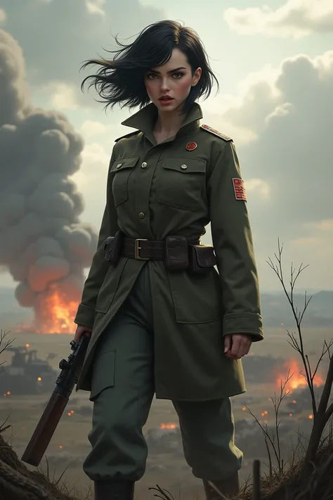 ( Detailed)A female soldier, With short black hair ,  looking at the spectator, yelling, with landscapes,  destroyed tree , Bomb exploding,with gray clouds ,with fog , with a setting based on the Second World War.