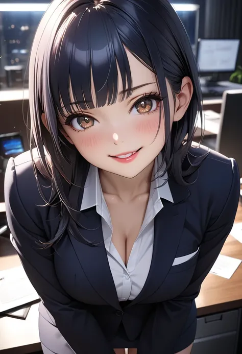 (beautiful young business woman:1.3), solo, office lady, yamada anna, dark blue hair, asymmetrical bangs, brown eyes, Ultra-detailed eyes, beautiful detailed face, beautiful glossy lips, medium breasts, Glowing Skin, embarrassed smiling expression, Busines...