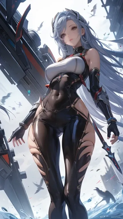  top quality 、 masterpiece、 Ultra HD、 Arad woman wearing futuristic suit，With wings and a sword,  girl in mecha cyber armor, 赛博朋克cartoon女孩机甲, 与有机体混合的cartoon,  Mechanical Valkyrie Girl , 完美的cartoon生化人女性,  cute girl, Female Mecha, Simple futuristic electroni...