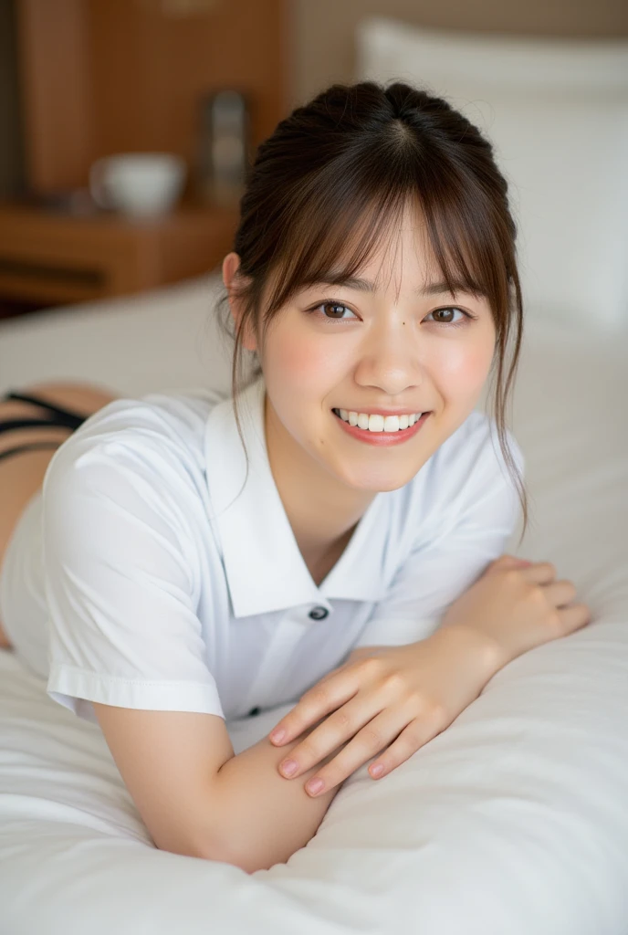 (Masterpiece, Best quality:1.3), (Ultra realistic, Photo-realistic:1.2), (nsfw: 1.3), (Full body: 1.2), Japanese woman, Natural light, 26 years old actor, Neat and clean, ((Wearing white tennis uniform, White short-sleeve polo shirt with collar: 1.3)), (No...