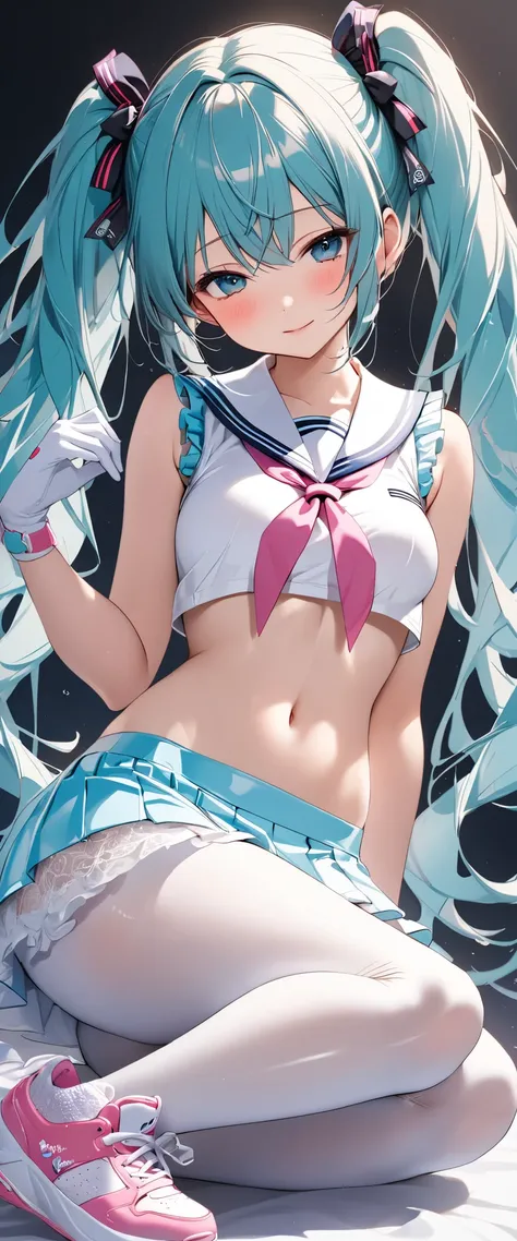  Hatsune Miku（Height: 160cm）((Made of latex material, the high school girl's sailor suit is white and turquoise with a design that uses a lot of lace decorations, a short pink tie, sleeveless, lace-up decorations, the navel exposed, the miniskirt has three...