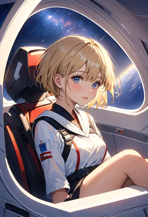 A young sexy woman with short hair and blonde hair in sexy clothes sits in a spaceship seat、 beautiful starry sky can be seen from the window。