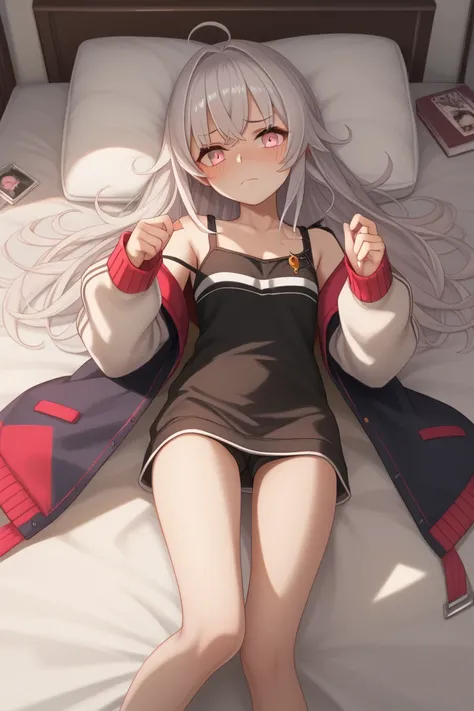  Nijisanji,Mao the Devil, small tits, Pinkish Gray Hair , long hair, pink eyes ,( black camisole), cardigan with hands, moe sleeve, bed, lying down , smiles,Embarrassed, I'm ashamed, 1 girl, solo,  high resolution,  anatomically correct,  textured skin,  u...