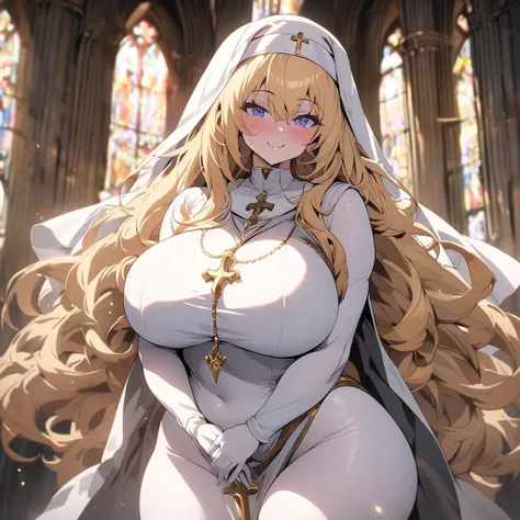  top quality,4K, high resolution, anime style, masterpiece , 1 girl,impressive tight , glamorous, from the front,whole body,Smile, plump body, big butt,Big Breasts, huge breasts , rich breasts, Height, beautiful eyes, Eyeliner,Sacred Light,Pray in the cath...