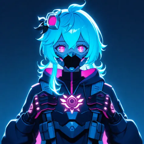 Collei, with futuristic mask on face, with neon blue glowing hair, with glowing neon pink eyes, with neon blue tactical gloves, with futuristic armor on clothes, with tactical pouches on chest, with head in picture, full head in image, with dark shadows fr...