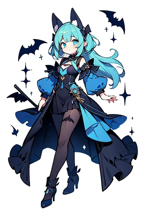 cel shading, cute style, fullbody, electric bat, blue color, bat ears, girl, fantasy clothes, masterpiece,cute, dinamic, electric theme