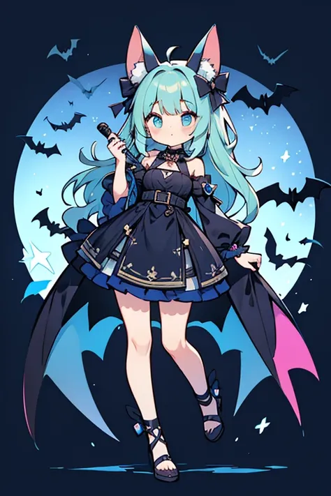 cel shading, cute style, fullbody, electric bat, blue color, bat ears, girl, fantasy clothes, masterpiece,cute, dinamic, electric theme