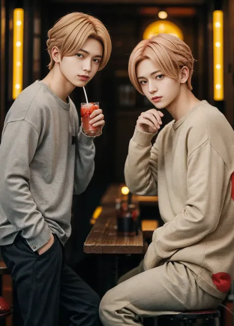 Two young men drinking at a bar  .   their gender unclear characteristics embody idol aesthetics.   Their hairstyles are sophisticated and modern  ,   and one has strawberry blond hair that stands up gently  ,  The other has softly twisted 、 trimmed charco...