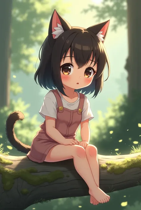 Girl with cat ears sitting on a log with her legs open。Japanese-style anime characters