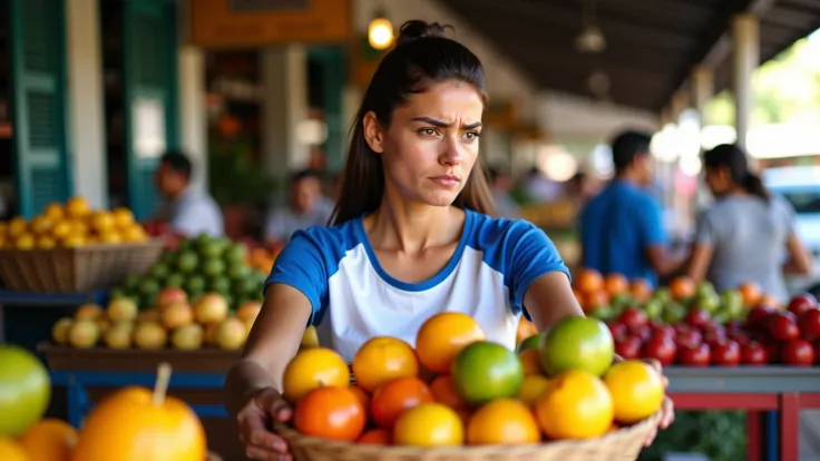 A 30-year-old Brazilian girl with a fruit basket. She's at a market selling and she has an upset expression. Your clothes are blue and white,  t-shirt. ultra realistic 4k. 