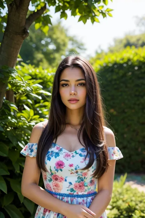 highres,realistic,portrait,detailed,medium:1.2,beautiful girl,flowing dark hair,expressive eyes and lips, Long Straight Hair, delicate facial features,wearing a floral summer dress,standing in a lush garden bathed in sunlight,vibrant colors,soft shadows,se...