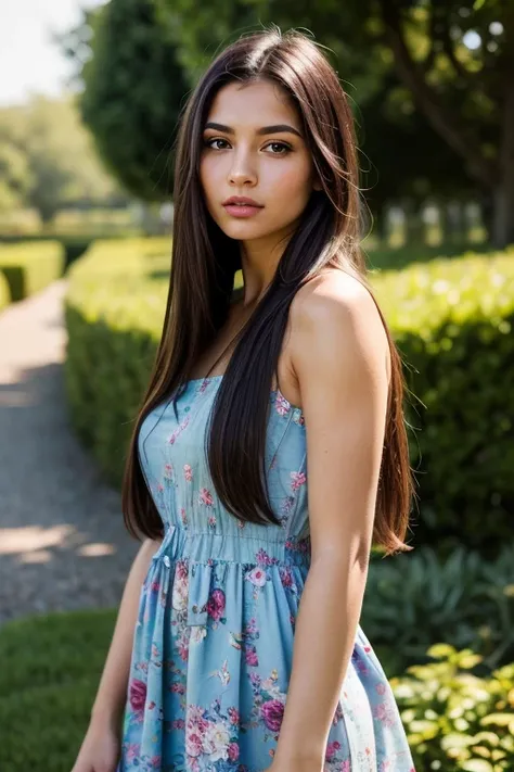 highres,realistic,portrait,detailed,medium:1.2,beautiful girl,flowing dark hair,expressive eyes and lips, Long Straight Hair, delicate facial features,wearing a floral summer dress,standing in a lush garden bathed in sunlight,vibrant colors,soft shadows,se...