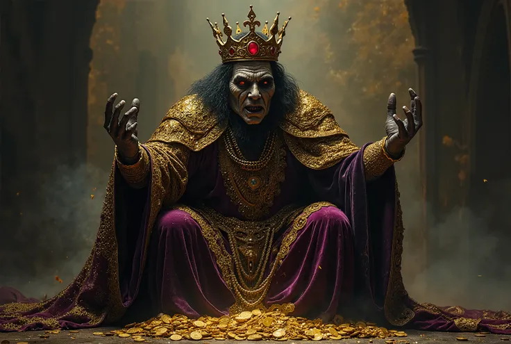  Mammon Goetia 

Appearance and Costumes :

Massive crown:  A black gold crown ,  studded with bloody gemstones ,  but cracked and deformed by the weight of your own greed .

 Extravagant clothes :  purple and gold velvet robes ,  richly ornamented ,  but ...