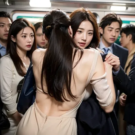  top quality、 Masterpiece、men and women２people、 crowded train、((A man is holding a woman from behind))、 beautiful woman、