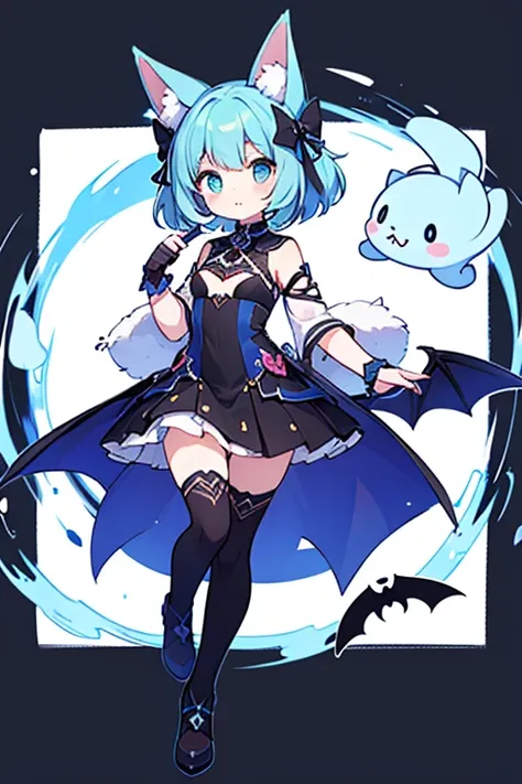 cel shading, cute style, fullbody, electric bat, blue color, bat ears, girl, fantasy clothes, masterpiece,cute, dinamic, electric theme