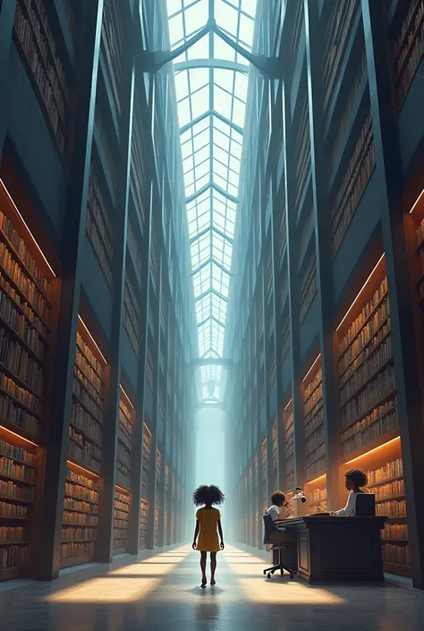 Black ager girl lost in big modern library with woman librarian sitting in her desck notec here