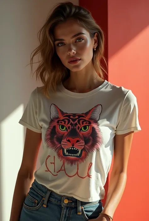 Designer t - shirt advert featuring a cool female model, wearing the reference image in a t- shirt, 
 depth of focus, gucci style