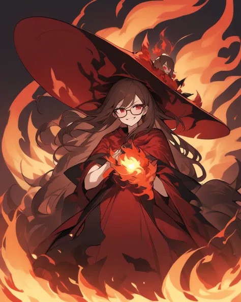 whole body、  woman wearing a big hat 、  wearing glasses、Traveler 、Chest、  red eyes、 her hair is brown .、Clothes are red、Use lava magic、  smirking  ,  is condescending, horrible woman , Dealing with fire magic, deep red like crimson, The flame that creates ...