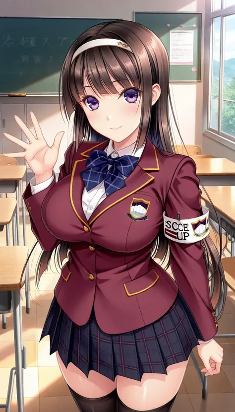 masterpiece, best quality, amazing quality, very aesthetic, absurdres, newest, scenery, 1girl, solo, sakakishiori, long hair, brown hair, purple eyes, eyelashes, fat lops, white hairband, hime cut, school uniform, long sleeves, white shirt, armband, Burgun...