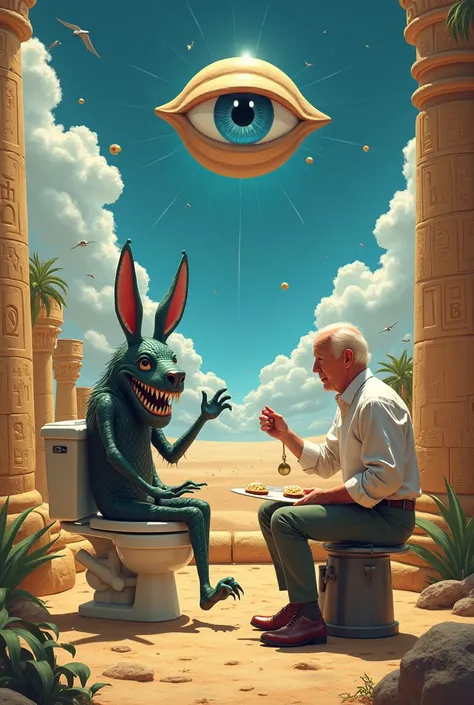 skibidi toilet playing heavy metal talking to joe biden making a cake in the middle of egypt with the eye of rah