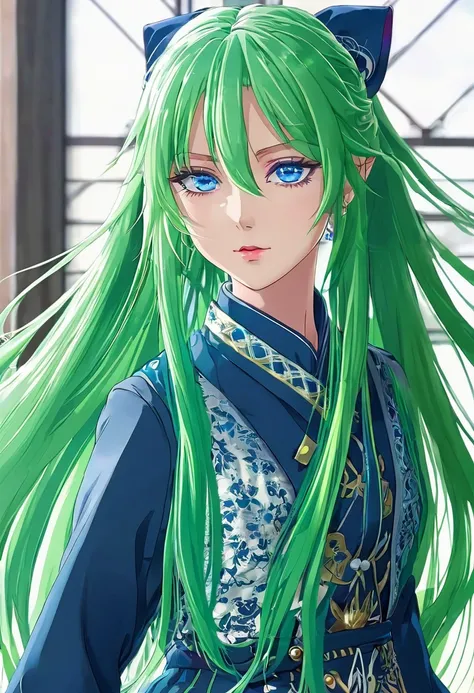  with blue eyes and long green hair in controversial clothes、物議を醸す服を着た、 anime girl  